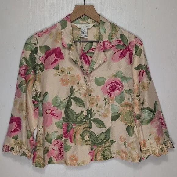 Vintage Melrose Studio Silk Cotton Floral Blazer Jacket Pink Green Rose Size 8 - Picture 9 of 10